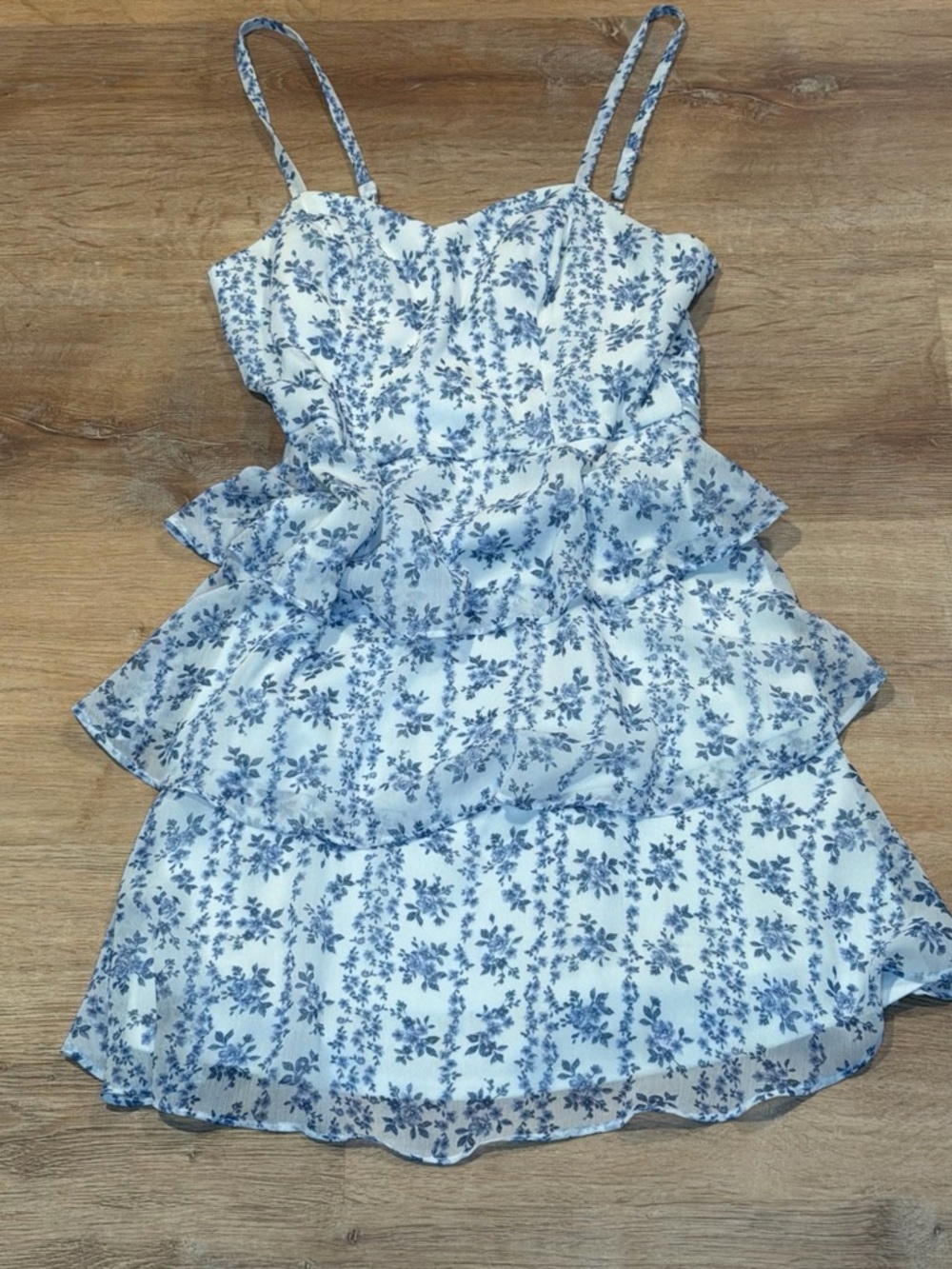 BCX White and Blue Floral Tiered Sundress with Spaghetti Straps